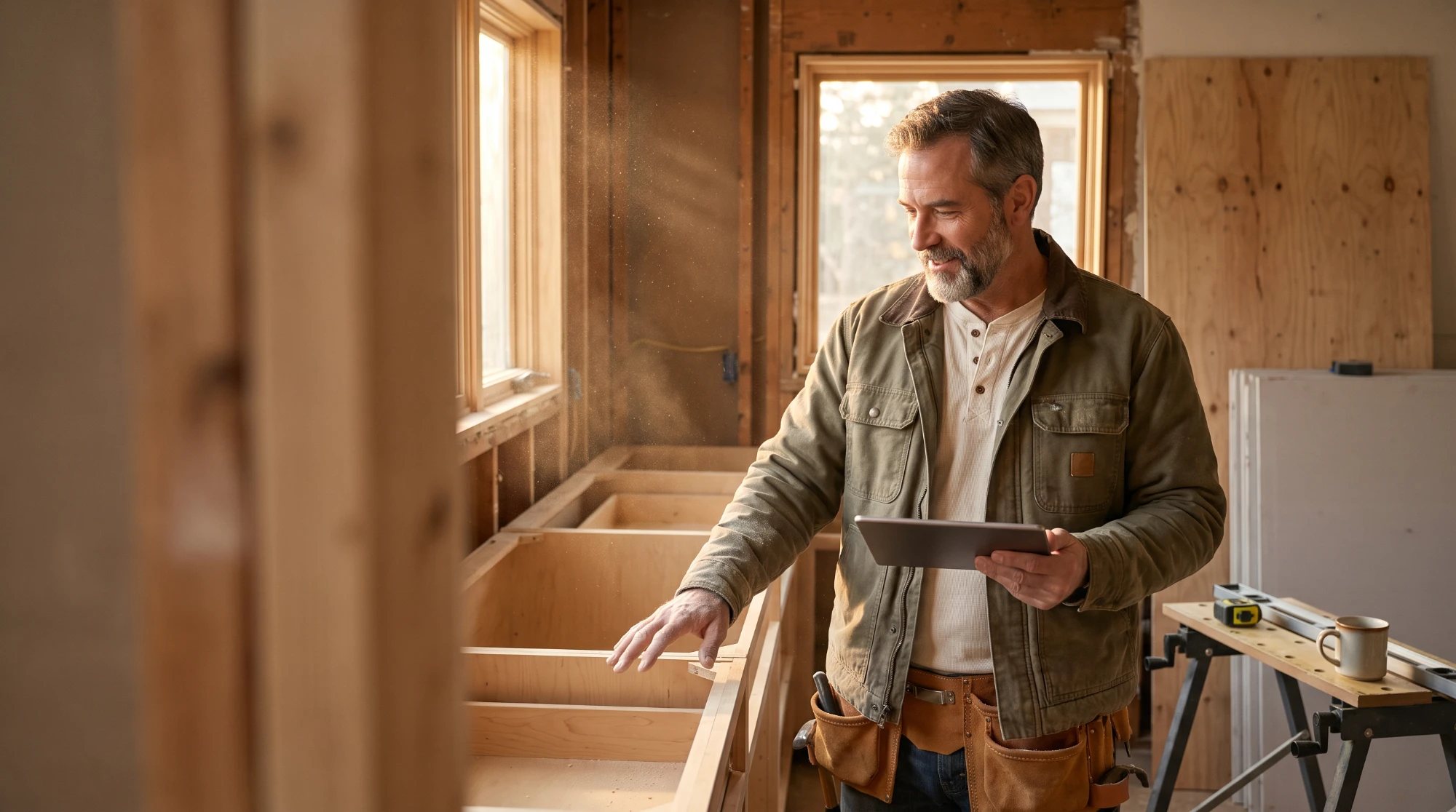 A smiling contractor in a canvas jacket and tool belt checking a tablet while he inspects new cabinet boxes in a kitchen under renovation