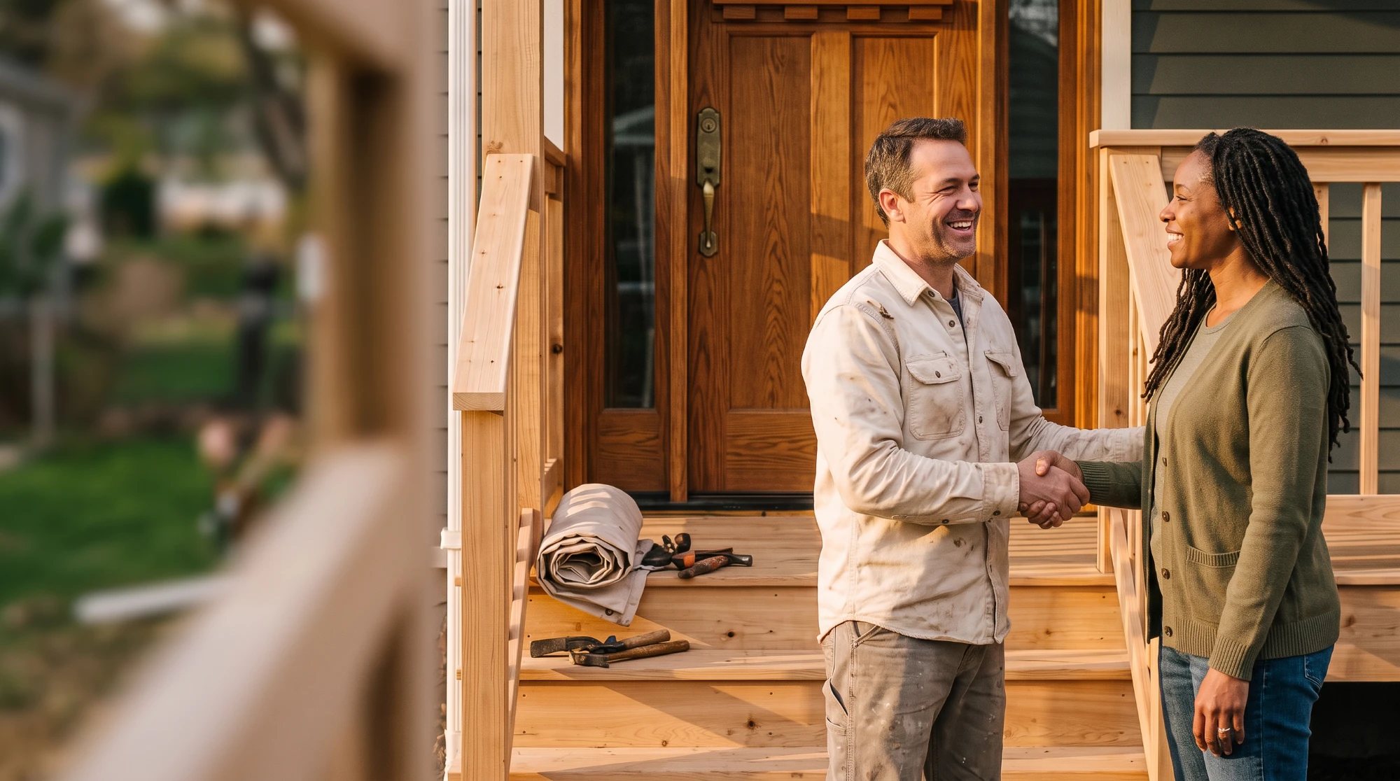 A smiling contractor shaking hands with a happy homeowner on a newly built wooden porch and steps beside her front door